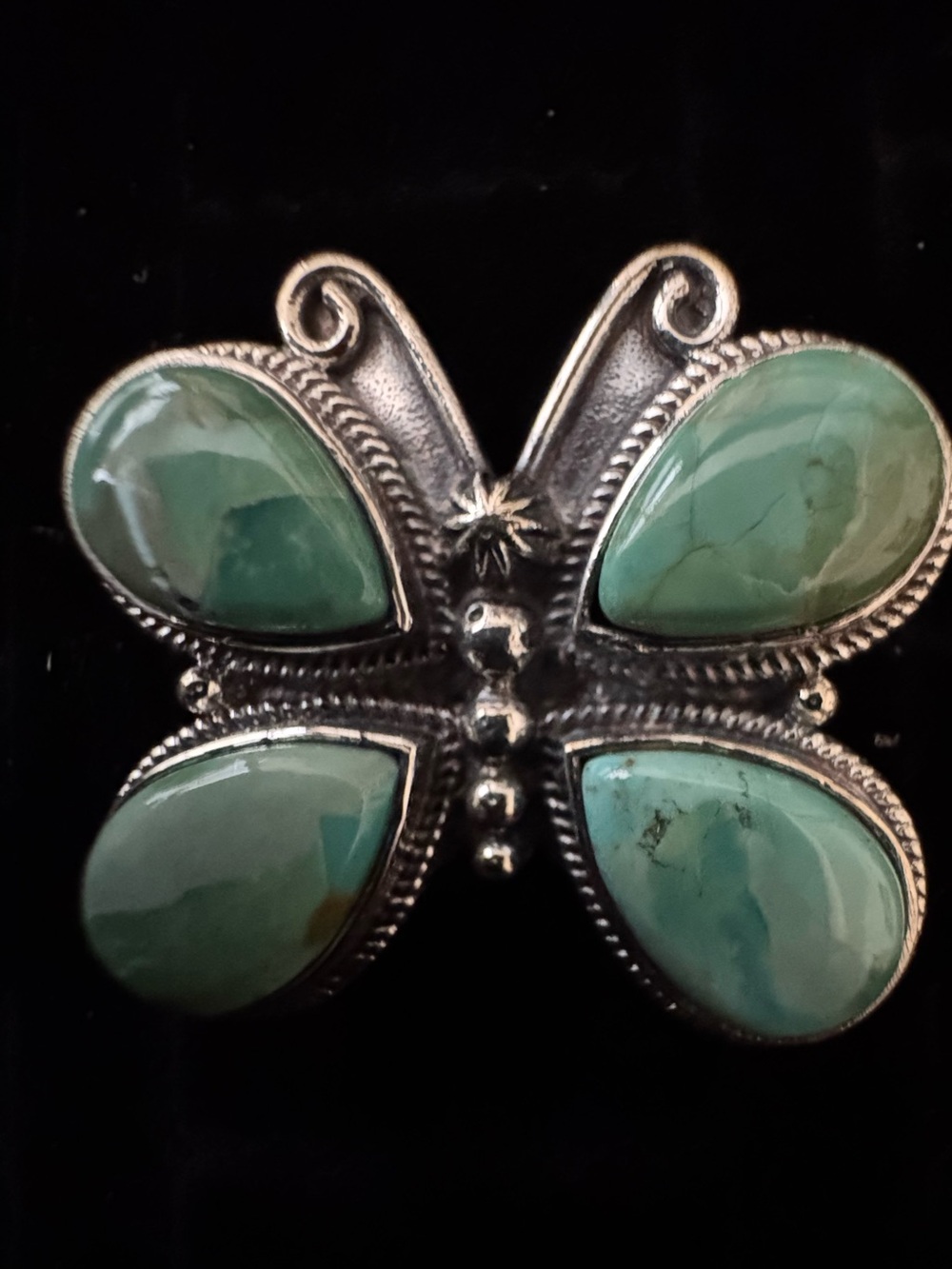 Sterling Silver Butterfly Ring with blue moon Green Turquoise Cabochons